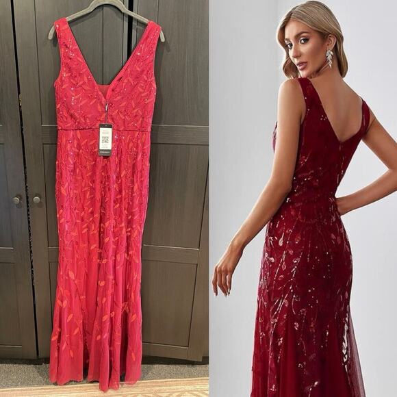 NWT Ever Pretty Dress Gown Red Sequin Women’s 8 Large Wedding Dance Gala Event - Picture 2 of 7